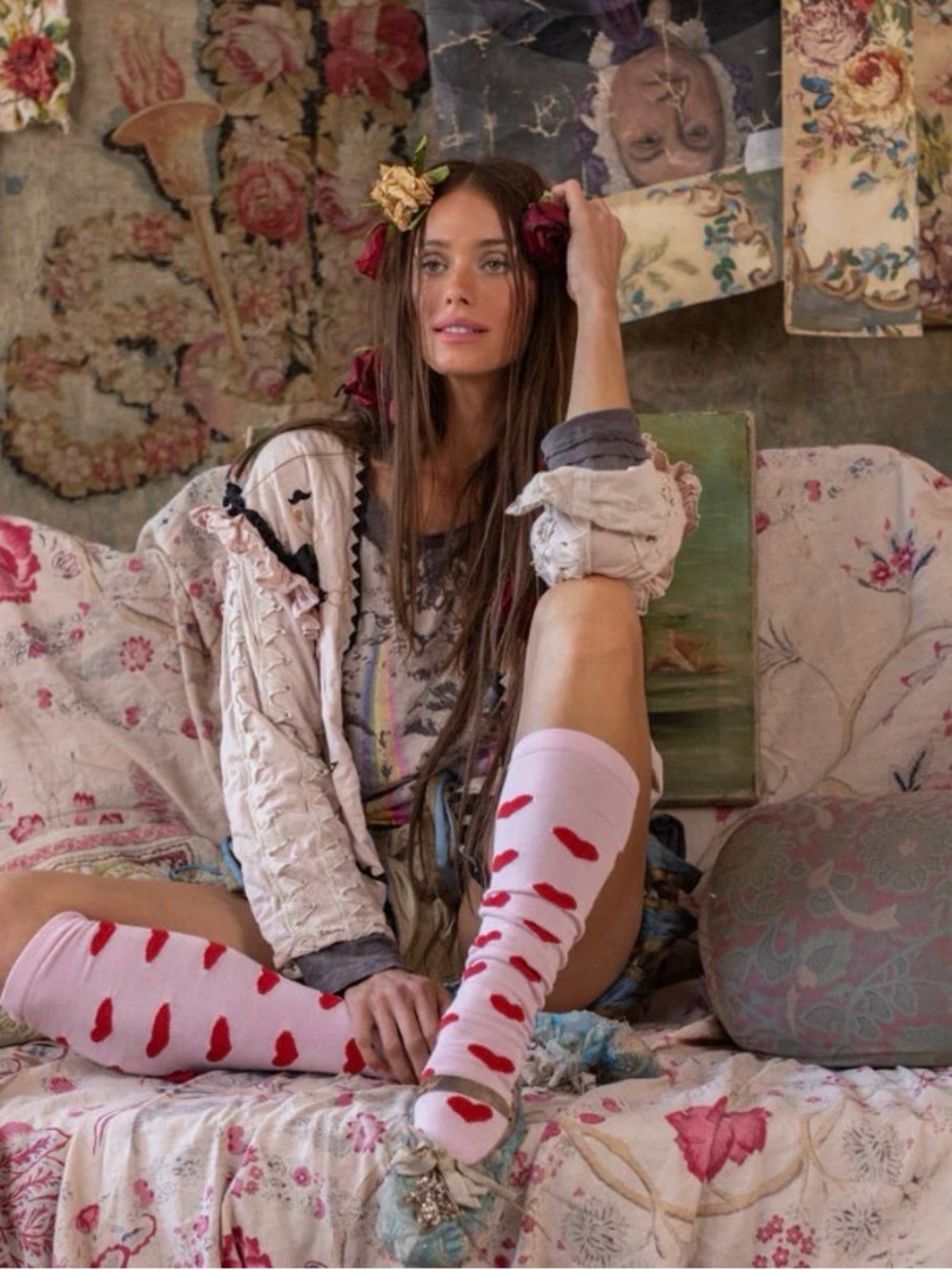 Magnolia Pearl Pink Over the Knee Socks with Red Heart Accents